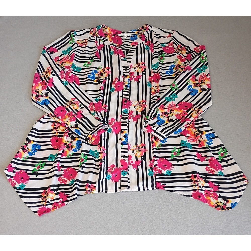 Notations‎ Womens Sheer Black White Striped Floral Blouse Button Down Size Large
